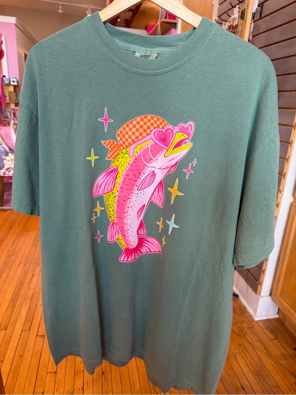 Comfort Colors Seafoam Tee with Pink and Neon Trout Graphic